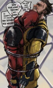 2boys angry beard blush bodysuit bound brown_hair claw_(weapon) deadpool deadpool_&amp;_wolverine deadpool_(series) facial_hair gloves hashtag-only_commentary highres implied_erection implied_frottage male_focus marvel mask mcbuckwheat multicolored_bodysuit multiple_boys muscular muscular_male pectorals red_bodysuit red_mask rope short_hair superhero_costume teeth tied_up_(nonsexual) two-tone_bodysuit weapon wolverine_(x-men) x-men yaoi yellow_bodysuit