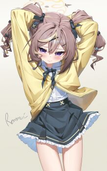 1girl absurdres artist_name black_skirt blonde_hair blue_archive brown_hair closed_mouth gradient_background grey_background halo highres long_sleeves looking_at_viewer maeru multicolored_hair purple_eyes rena_(blue_archive) shirt skirt solo standing thighs twintails two-tone_hair white_shirt yellow_halo