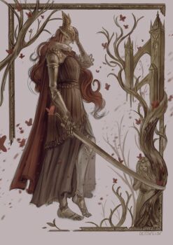 1girl absurdres armor border branch brown_dress bug butterfly cape covered_eyes dress elden_ring flying_buttress from_side full_body fur-trimmed_cape fur_trim gold_armor golden_sword hand_on_headwear helmet helmet_over_eyes highres holding holding_sword holding_weapon in-universe_location insect long_hair malenia_blade_of_miquella mechanical_arms octowillow prosthesis prosthetic_arm prosthetic_leg red_cape red_hair signature simple_background solo standing statue sword three-quarter_sleeves weapon winged_helmet