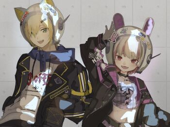 Rule 34 | 1boy, 1girl, animal ear helmet, animal ears, animal helmet, arm up, bat necklace, belt, black belt, black collar, black jacket, blonde hair, blue hood, blunt bangs, blush, cat ears, clothes writing, collar, colored inner hair, concrete, crop top, cross-laced clothes, cross-laced top, drawstring, fake animal ears, fangs, flame print, green eyes, grey hair, hair ornament, hair over one eye, hairclip, hand in pocket, heart, heart sticker, helmet, highres, hood, hood down, hoodie, jacket, jewelry, lapels, lightning bolt print, looking at viewer, makaino ririmu, makaino ririmu (6th costume), midriff, multicolored hair, multiple belts, navel, necklace, nijisanji, notched lapels, o-ring collar, open clothes, open jacket, open mouth, pendant, pink hair, pink jacket, pink streaks, plaid clothes, pocket, pointy ears, print hoodie, rabbit ears, red eyes, short hair, side-by-side, space helmet, spiked collar, spikes, standing, star (symbol), star sticker, sticker, streaked hair, tamra kingyo, two-sided fabric, two-sided jacket, two-tone hair, unzipped, upper body, uzuki kou, uzuki kou (5th costume), virtual youtuber, white helmet, white hoodie, wolf cut, yellow trim