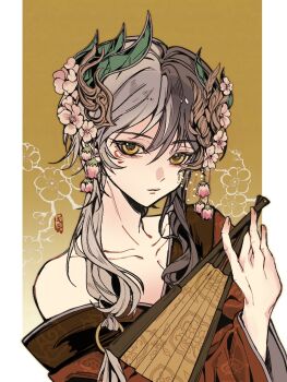 1boy aegyo_sal black_hair border cherry_blossoms chinese_clothes chinese_commentary closed_mouth collarbone commentary_request expressionless eyelashes floral_background flower folding_fan geman_mori gradient_background grey_hair hair_between_eyes hair_flower hair_ornament hand_fan hanfu highres holding holding_fan infinity_nikki leaf_hair_ornament light_frown lips long_hair long_sleeves male_focus marking_on_cheek multicolored_hair nikki_(series) official_alternate_costume outside_border pectoral_cleavage pectorals pink_flower red_hanfu signature single_bare_shoulder solo split-color_hair tan_youyou_(infinity_nikki) two-tone_hair upper_body white_border wide_sleeves yellow_background yellow_eyes