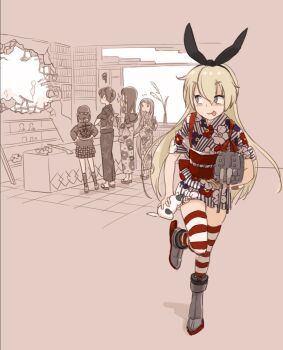 5girls :p akagi_(kancolle) alternate_costume blonde_hair blush commentary_request crossed_arms floral_print fubuki_(festival)_(kancolle) fubuki_(kancolle) gun hair_between_eyes hands_on_own_hips headband highres holding hole_in_wall japanese_clothes kaga_(kancolle) kantai_collection kimono kokudou_juunigou long_hair miss_cloud multiple_girls notice_lines obi partially_colored rensouhou-chan rudder_footwear samidare_(kancolle) sash shimakaze_(kancolle) short_kimono short_yukata squiggle striped_clothes striped_thighhighs tasuki thighhighs tongue tongue_out weapon yukata