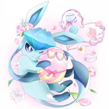 blue_eyes commentary_request easter_egg egg flower gen_4_pokemon glaceon heart holding leaf nintendo no_humans one_eye_closed petals pokemon pokemon_(creature) pokemon_focus ribbon rose smile solo squirrel_417