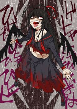 1girl absurdres antenna_hair bags_under_eyes black_serafuku black_wings blue_archive boots commentary_request constricted_pupils crazy crop_top gujira halo highres laughing liquid_halo long_hair long_skirt open_mouth red_eyes red_halo school_uniform serafuku skirt smile solo tongue tongue_out tsurugi_(blue_archive) very_long_hair wings