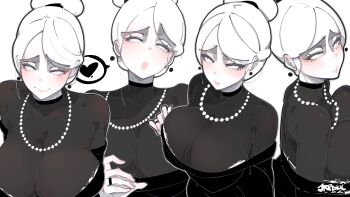 1girl absurdres artist_name bilingual_commentary black_dress breasts closed_mouth commentary covered_collarbone dress earrings english_commentary floating_earrings hair_bun heart highres jewelry jrpencil large_breasts looking_at_viewer mixed-language_commentary multiple_views necklace open_mouth original parted_bangs parted_lips pearl_necklace raised_inner_eyebrows ring short_hair simple_background single_hair_bun smile speech_bubble spoken_heart white_background white_eyes white_hair