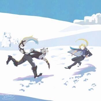 2boys animal_ears arm_out_of_sleeve black_coat black_pants black_shoes blonde_hair blue_necktie blue_sky buon_zzz coat colored_tips commentary_request footprints from_side full_body furry furry_male highres hugo_vlad long_hair male_focus motion_blur multicolored_hair multiple_boys necktie outdoors pants purple_shirt shadow shirt shoes signature sky snow snow_on_face snowball snowball_fight snowman tail tail_belt von_lycaon white_fur white_hair wolf_boy wolf_ears wolf_tail zenless_zone_zero