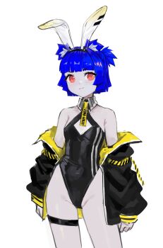 1girl absurdres animal_ear_fluff animal_ear_hairband animal_ears armband armpit_crease arms_at_sides bare_shoulders bear_ears bear_girl black_coat black_hairband black_leotard blue_hair blunt_bangs blunt_ends blunt_sidelocks bob_cut breasts caution_tape cleavage_cutout clothes_writing clothing_cutout coat collarbone collared_coat commentary contrapposto cowboy_shot criss-cross_halter detached_collar diamond_cutout dot_nose dress english_commentary english_text eyebrows_hidden_by_hair fake_animal_ears folded_ear furrowed_brow go!_go!_gris! grin gris_(go!_go!_gris!) groin hairband half_updo halter_leotard halterneck highleg highleg_leotard highres leotard light_blush long_eyelashes long_sleeves looking_at_viewer necktie off-shoulder_dress off_shoulder open_clothes open_coat original parted_lips pink_eyes playboy_bunny ponytail print_necktie puffy_long_sleeves puffy_sleeves rabbit_ear_hairband rabbit_ears raised_eyebrow red_eyes see-through_clothes short_hair short_necktie short_ponytail sidelocks simple_background sketch small_breasts smile smirk solo standing striped_clothes teeth thick_eyelashes thigh_strap thighs two-sided_coat two-sided_fabric vertical-striped_clothes vertigris white_background yellow_coat yellow_necktie
