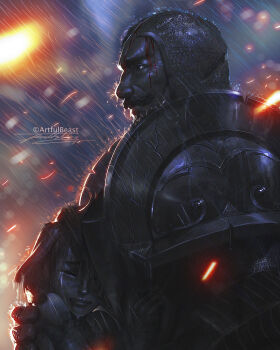 1boy 1girl absurdres armor artist_name blurry blurry_background braum_(league_of_legends) closed_eyes closed_mouth commentary crying english_commentary facial_hair from_side full_armor highres hug league_of_legends light_particles lips looking_to_the_side medium_hair mustache nose old old_man outdoors parted_lips paul_nong rain signature streaming_tears tears upper_body wet