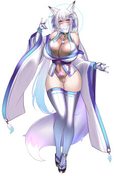 Rule 34 | 1girl, absurdres, animal ears, bare shoulders, blush, breasts, collar, detached sleeves, fox ears, fox shadow puppet, fox tail, hair ornament, highleg, highleg leotard, highres, huge breasts, kutan, leotard, long hair, looking at viewer, mizuki (kutan), mouth veil, original, pinwheel, pinwheel hair ornament, pubic tattoo, purple eyes, smile, solo, tail, tattoo, thighhighs, veil, white hair, white sleeves, white thighhighs, wide sleeves