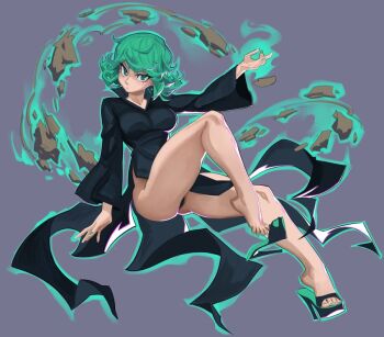 Rule 34 | 1girl, alternate breast size, aura, black dress, black panties, breasts, curly hair, dress, feet, floating, green eyes, green hair, green nails, grey background, high heels, image sample, large breasts, levitation, looking at viewer, nail polish, nezo, non-web source, one-punch man, open-toe shoes, panties, pantyshot, platform heels, platform mules, platform sandals, platform shoes, sandals, shoe dangle, shoes, short hair, side slit, simple background, solo, tatsumaki, telekinesis, toenail polish, toenails, toes, underwear