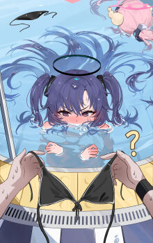 1other 2girls ? absurdres bikini black_bikini black_eyes black_hair black_halo blue_archive blush commentary_request embarrassed gonggo halo highres holding holding_swimsuit holding_unworn_clothes implied_nudity koyuki_(blue_archive) long_hair multiple_girls nose_blush out_of_frame partially_submerged pool pov shoulder_blush solo_focus swimsuit two_side_up unworn_bikini_bottom unworn_bikini_top unworn_swimsuit v-shaped_eyebrows water yuuka_(blue_archive)