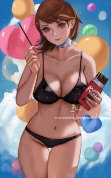 1girl balloon black_bra black_panties blush bra breasts brown_eyes brown_hair choker cleavage cloud collarbone commentary cowboy_shot earrings english_commentary flipped_hair food heart heart_balloon heart_choker holding holding_food holding_pocky jewelry large_breasts lipgloss lips looking_at_viewer navel panties persona persona_3 pink_lips pocky short_hair signature single_earring smile solo stomach stud_earrings takeba_yukari thigh_gap underwear watermark web_address wei_(promise_0820) white_choker