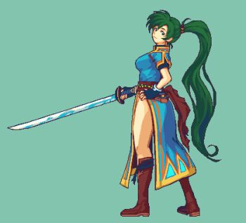 1girl boots breasts fingerless_gloves fire_emblem fire_emblem:_the_blazing_blade glaceo gloves green_background green_eyes green_hair hand_on_own_hip holding holding_sword holding_weapon large_breasts long_hair looking_at_viewer lyn_(fire_emblem) nintendo no_panties ponytail side_slit simple_background smile solo sword very_long_hair weapon