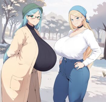 2girls arms_behind_back bandana blonde_hair blue_eyes blush breasts choker coco_(setawar) danielle_(setawar) denim freya_(coco_(setawar)) gigantic_breasts glasses green_eyes hat highres huge_breasts jacket jeans long_hair multiple_girls nature original pants park smile sweater thighs tree turtleneck turtleneck_sweater