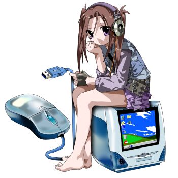 1girl absurdres animal_ears bare_legs barefoot beanill512 black_necktie blue_shirt blue_vest brown_hair cable computer computer_mouse desktop_(computing) dog_ears fingerless_gloves gloves hand_on_own_chin headphones highres holding holding_cable layered_sleeves long_hair long_sleeves looking_ahead microsoft_windows necktie original parted_bangs purple_eyes purple_shirt shirt short_necktie short_over_long_sleeves short_sleeves simple_background single_glove sitting sitting_on_object usb_cable vest white_background windows_xp