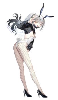 1girl alternate_costume animal_ears ass black_shrug breasts fake_animal_ears fake_tail fate/grand_order fate_(series) fishnet_pantyhose fishnets forked_eyebrows full_body high_ponytail highres leotard long_hair long_sleeves looking_at_viewer mask melusine_(fate) melusine_(swimsuit_ruler)_(fate) melusine_(swimsuit_ruler)_(first_ascension)_(fate) mouth_mask one_eye_closed open_mouth pantyhose playboy_bunny ponytail rabbit_ears rabbit_tail shrug_(clothing) sidelocks siiqa_vivi small_breasts solo tail white_hair white_leotard yellow_eyes