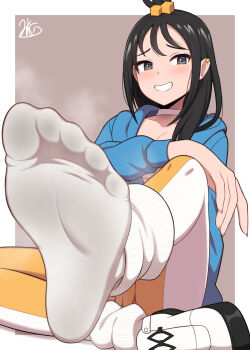 1girl black_hair blue_jacket blush border breasts choker collarbone commentary_request cube_hair_ornament ear_piercing feet foot_focus foreshortening full_body grey_background grey_eyes hair_ornament highres jacket jkisaradu leg_warmers lida_(pokemon) long_sleeves nintendo no_shoes orange_pantyhose pantyhose piercing pokemon pokemon_legends:_z-a shoes signature single_shoe sitting small_breasts smell smile solo steaming_body two-tone_pantyhose white_border white_choker white_leg_warmers white_pantyhose