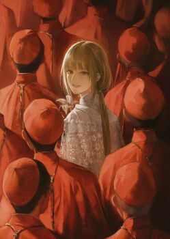 Rule 34 | 1girl, 6+boys, black hair, blonde hair, cardinal, dress, flower, green eyes, hat, highres, jacket, long hair, looking at viewer, looking back, multiple boys, open mouth, original, people, red hat, red jacket, seapall, white dress, white flower