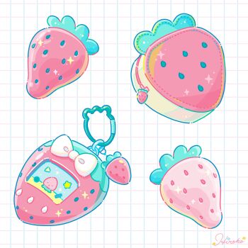 Rule 34 | bow, commentary request, food, food-themed bag, food focus, fruit, grid background, highres, hiro046k, no humans, object focus, original, signature, strawberry, virtual pet (toy), white background, white bow