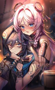 1boy 1girl @_@ absurdres arm_around_neck arm_cutout arm_markings asymmetrical_sleeves bare_shoulders behind_another black_gloves black_hair black_hood black_jacket black_leotard black_sleeves blue_eyes blue_scarf blurry blush braid breasts cheek_bulge citlali_(genshin_impact) clenched_hand closed_mouth clothing_cutout cup curled_fingers depth_of_field detached_sleeves expressionless facial_mark feather_hair_ornament feathers fingerless_gloves floating_headgear genshin_impact glove_cutout gloves grandmother_and_grandson hair_intakes hair_ornament hair_rings hand_up headgear heads_together heterochromia highres hood hooded_jacket hug hug_from_behind index_finger_raised jacket leotard long_hair looking_at_viewer mandarin_collar multicolored_feathers multicolored_hair necktie nq_(nnq_q) open_clothes open_jacket open_mouth ororon_(genshin_impact) pink_feathers pink_hair pointing pointing_at_viewer purple_feathers purple_hair purple_nails purple_necktie red_eyes ringed_eyes scarf shoulder_belt side_braid sideboob sidelocks single_braid single_sleeve sleeveless_turtleneck_leotard streaked_hair triangle_print undershirt