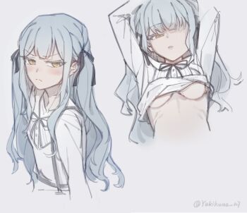 &gt;:( 1girl :&lt; arms_up artist_name bag bang_dream! bang_dream!_it&#039;s_mygo!!!!! black_hair black_ribbon blush breasts buttons chinese_commentary closed_mouth clothes_lift commentary_request cropped_torso expressionless furrowed_brow glaring grey_background hair_ribbon highres long_hair long_sleeves looking_ahead looking_at_viewer missing_eye multiple_views narrowed_eyes neck_ribbon no_bra parted_lips ribbon ribs satchel shirt shirt_lift simple_background togawa_sakiko twitter_username two_side_up underboob v-shaped_eyebrows white_shirt yellow_eyes yukikuma_(yukikuma_018)