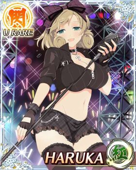 1girl audience black_bow black_choker black_gloves black_skirt black_thighhighs border bow breast_press breasts brown_hair card_(medium) character_name choker cleavage concert crowd curled_ends fingerless_gloves game_cg gloves glowstick green_eyes groin hair_bow haruka_(senran_kagura) holding holding_glowstick holding_microphone holding_microphone_stand idol idol_clothes large_breasts looking_at_viewer medium_hair microphone microphone_stand miniskirt navel official_art open_mouth penlight_(glowstick) senran_kagura senran_kagura_new_wave skindentation skirt smile solo stage stage_lights swept_bangs thighhighs third-party_source