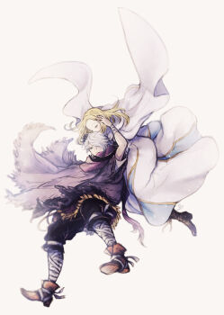 1boy 1girl arm_up bandaged_leg bandages black_gloves black_pants blonde_hair blue_eyes boots brown_boots cape chizu_(fiute) commentary_request couple dress floating floating_cape floating_clothes fringe_trim gloves hair_over_one_eye hand_on_another's_face hand_on_another's_head hetero highres octopath_traveler octopath_traveler_i one_eye_covered ophilia_clement pants poncho purple_poncho short_hair therion_(octopath_traveler) white_background white_cape white_dress white_hair yellow_eyes
