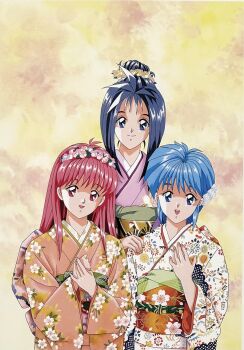 Rule 34 | 3girls, black eyes, black hair, blue eyes, blue hair, floral print, flower, fujisaki shiori, hair flower, hair ornament, hand on another's shoulder, highres, katagiri ayako, kokura masashi, long hair, long sleeves, looking at viewer, multiple girls, nijino saki, non-web source, obi, obijime, official art, open mouth, own hands together, red eyes, red hair, sash, short hair, smile, standing, tokimeki memorial, updo