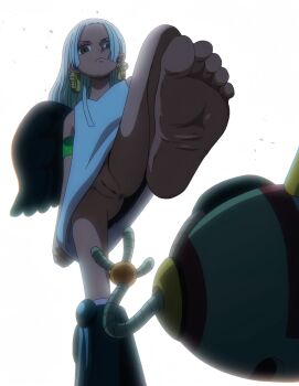 1boy 1girl absurdres angel_wings anus armband backlighting bare_arms bare_legs bare_shoulders black_wings bottomless cleft_of_venus clothes_lift dark-skinned_female dark_skin derivative_work dress expressionless feet femdom flat_chest foot_focus foot_out_of_frame foreshortening from_below green_armband highres loli looking_at_another no_panties one_piece pov pov_legs pussy s-snake screenshot_redraw seraphim_(one_piece) shirt_lift simple_background single_bare_foot sleeveless sleeveless_dress soles standing standing_on_one_leg stepped_on third-party_edit toes upskirt white_background white_dress white_hair wings yellow_eyes