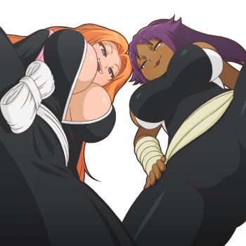 2girls bleach blue_eyes breasts commentary dark-skinned_female dark_skin hair_ornament hand_on_own_hip large_breasts long_hair manyakis matsumoto_rangiku mike_inel mole mole_under_mouth multiple_girls orange_hair parted_bangs pink_shawl ponytail purple_hair shawl shihakusho shihouin_yoruichi simple_background transparent_background variant_set yellow_eyes