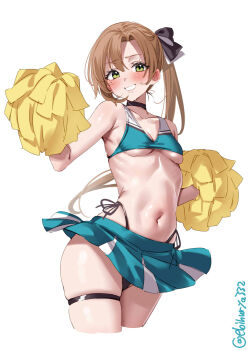 1girl akigumo_(kancolle) bare_shoulders black_bow black_choker black_panties blue_skirt blush bow breasts brown_hair cheerleader choker collarbone commentary_request cropped_legs ebifurya green_eyes groin hair_bow highleg highleg_panties highres holding kantai_collection long_hair looking_at_viewer navel one-hour_drawing_challenge panties parted_bangs pleated_skirt pom_pom_(cheerleading) ponytail side-tie_panties simple_background skindentation skirt small_breasts smile solo sweat twitter_username underwear very_long_hair white_background