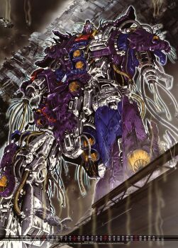 1980s_(style) 1990s_(style) absurdres after_battle battle beam_cannon cable calendar_(medium) chest_cannon colony_drop damaged debris destruction gundam gundam_zz highres machinery mecha mecha_focus mobile_suit mutaguchi_hiroki neo_zeon no_humans o&#039;neill_cylinder official_art oldschool psycho_gundam_mk_ii realistic retro_artstyle robot scan scene_reference science_fiction smoke solo spoilers v-fin wreckage