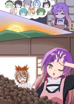 Rule 34 | 6+girls, animal ears, apron, black dress, black hair, black hat, blonde hair, blue hair, blue hood, bowl, chocolate, chocolate making, closed eyes, closed mouth, commentary request, dog ears, dog girl, dress, fox mask, gradient hair, green hair, grey hair, hair between eyes, hair intakes, hat, hat ribbon, hata no kokoro, highres, hijiri byakuren, holding, holding bowl, hood, hood up, houjuu nue, kasodani kyouko, komeiji koishi, kumoi ichirin, mask, mouse ears, mouse girl, multicolored hair, multiple girls, murasa minamitsu, nazrin, one eye closed, open mouth, pink apron, pink hair, purple hair, ribbon, sailor hat, smile, solid circle eyes, speech bubble, streaked hair, sugiyama ichirou, sun, sunrise, sweatdrop, tatara kogasa, thought bubble, toramaru shou, touhou, translation request, valentine, white dress, white hat, yellow eyes, yellow ribbon, | |