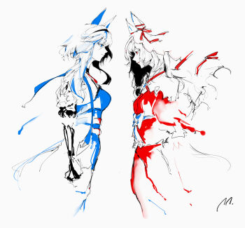 2girls abstract absurdres admire_groove_(umamusume) animal_ears blue_eyes blue_hair bow breasts closed_mouth ear_covers ear_ribbon eye_contact face-to-face hair_ornament highres horse_ears horse_girl limited_palette looking_at_another multiple_girls parted_lips partially_colored profile red_eyes ringring_(artist) simple_background still_in_love_(umamusume) umamusume veil white_background