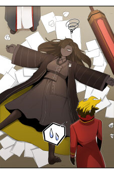 1other 2girls absurdres black_hair chinese_clothes dante_(limbus_company) dark_skin exadcr95 flaming_head hair_over_one_eye highres limbus_company long_hair lying multiple_girls object_head out_of_frame paper project_moon yellow_eyes zigong_(project_moon) zilu_(project_moon)