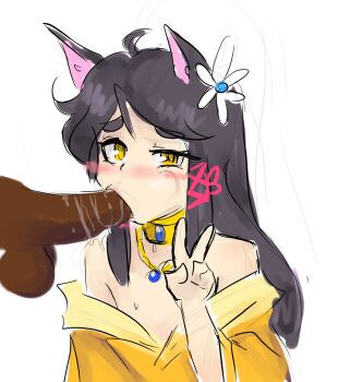 Rule 34 | 2boys, ahoge, androgynous, animal ears, black hair, blush, cat boy, cat ears, choker, dark-skinned male, dark skin, fellatio, flower, hair ornament, highres, japanese clothes, jewelry, kimono, lipstick, long hair, looking at viewer, makeup, male focus, multiple boys, necklace, oral, penis, rei (yellow kirby), saliva, sidelocks, simple background, solo focus, testicles, thick eyebrows, trap, uneven eyes, upper body, v, white background, yaoi, yellow eyes, yellow kirby