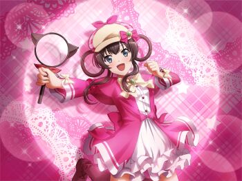 1girl beret black_hair blue_eyes bow bowtie clenched_hand cosplay dress frilled_dress frills game_cg hair_rings hat hat_bow holding holding_magnifying_glass jumping kagura_hikari long_sleeves looking_at_viewer magnifying_glass newsboy_cap official_art open_mouth pink_bow pink_dress sherlock_shellingford sherlock_shellingford_(cosplay) shoujo_kageki_revue_starlight shoujo_kageki_revue_starlight_-re_live- solo spotlight tantei_opera_milky_holmes upper_body yellow_bow yellow_bowtie yellow_hat