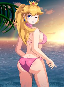 1girl artist_name ass beach bikini blonde_hair breasts butt_crack cleavage curvy from_behind grin highres huge_ass large_breasts legs long_hair looking_at_viewer looking_back mario_(series) nintendo ocean one_eye_closed pink_bikini pink_lips ponytail princess princess_peach side-tie_bikini_bottom sideboob smile solo swimsuit thighs thong_bikini water wet wink