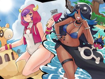 2girls ^_^ alternate_costume bare_shoulders beach bikini black_choker black_hair black_sarong blue_bikini blue_eyes blue_eyeshadow blue_hair blue_nails blue_sky bracelet breasts building_sand_sculpture carvanha choker cleavage closed_eyes cloud contrast courtney_(pokemon) covered_navel cropped_vest dark-skinned_female dark_skin expressionless eyeshadow eyewear_on_head fake_horns fingernails gen_3_pokemon glint grin hair_over_one_eye hand_on_own_hip hand_up holding holding_shovel hood hood_up hooded_vest hoodie horned_headwear horned_hood horns jewelry kneeling large_breasts lipstick long_hair looking_at_viewer makeup multicolored_hair multiple_bracelets multiple_girls multiple_views nail_polish navel necklace nintendo numel one-piece_swimsuit open_clothes open_mouth open_vest pearl_bracelet pearl_necklace pokemon pokemon_(creature) pokemon_oras print_one-piece_swimsuit print_sarong purple_eyes red_hood red_lips red_vest round_eyewear sand_castle sand_sculpture sarong seiza shelly_(pokemon) short_hair shovel sitting sky small_breasts smile split_screen streaked_hair sun sunglasses swimsuit team_aqua team_magma thigh_strap two-tone_hair vest volcano wading wanderjegson water white_one-piece_swimsuit wristband