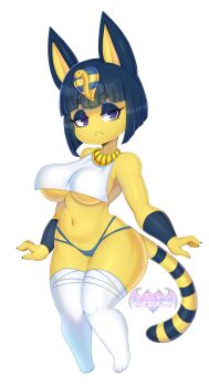 1girl absurdres ancient_egyptian ancient_egyptian_clothes animal_crossing animal_ears animal_feet animal_hands ankha_(animal_crossing) blue_eyes blue_eyeshadow blue_hair blue_panties blunt_bangs bob_cut body_fur breasts cameltoe cat_ears cat_girl cat_tail commentary crop_top curvy english_commentary eyeshadow frown full_body furry furry_female hair_ornament highres jitome kitsuumi large_breasts looking_at_viewer makeup navel nintendo panties pear-shaped_figure shirt short_hair simple_background snake_hair_ornament solo standing striped_tail tail thighhighs underboob underwear uraeus usekh_collar variant_set white_background white_shirt white_thighhighs yellow_fur