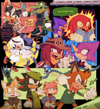 1other 4girls 6+boys 9474s0ul amy_rose amy_rose_(journalist) barry_the_quokka beatboxing blaze_the_cat book bow bowtie chao_(sonic) chibi cleaver commentary cowboy_hat english_commentary english_text espio_the_chameleon espio_the_chameleon_(poet) fangs flag furry furry_female furry_male hat highres knuckles_the_echidna knuckles_the_echidna_(treasure_hunter) metal_sonic multiple_boys multiple_girls neutral_chao reading robot rouge_the_bat rouge_the_bat_(business_tycoon) sage_(sonic) shadow_the_hedgehog sharp_teeth sonic_(series) sonic_the_hedgehog sonic_the_hedgehog_(sea_captain) tails_(detective)_(sonic) tails_(sonic) teeth the_murder_of_sonic_the_hedgehog train train_(the_murder_of_sonic_the_hedgehog) vector_the_crocodile