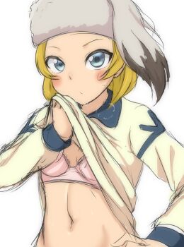 Rule 34 | 1girl, 9rimson, blonde hair, blue eyes, blush, bra, breasts, character request, closed mouth, clothes lift, commentary request, copyright request, fur hat, hat, highres, lifting own clothes, long sleeves, looking at viewer, navel, pink bra, shirt, shirt lift, short hair, simple background, sketch, small breasts, solo, stomach, sweat, underwear, upper body, white background, white hat, yellow shirt