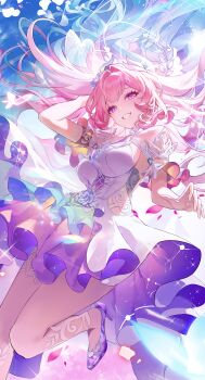 1girl absurdres arm_up armlet bare_shoulders blue_hair breasts commentary cyrene_(honkai:_star_rail) cyrene_(ripples_of_past_reverie)_(honkai:_star_rail) dasha diamond-shaped_pupils diamond_(shape) dress english_commentary flower gradient_hair hair_flower hair_intakes hair_ornament high_heels highres honkai:_star_rail honkai_(series) jewelry large_breasts long_hair looking_at_viewer multicolored_hair pink_hair pink_petals pointy_ears purple_eyes purple_flower purple_shoes shoes sidelocks smile solo symbol-shaped_pupils white_dress