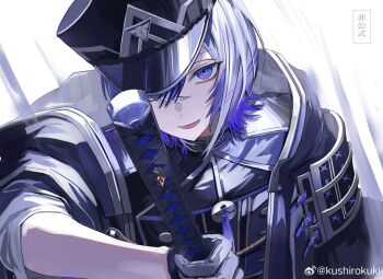 1boy :p absurdres armor artist_name black_hat black_jacket blue_eyes commentary crossed_bangs hair_between_eyes hat highres holding holding_sword holding_weapon jacket japanese_armor kushiro_kuki long_sleeves looking_at_viewer male_focus peaked_cap purple_hair ringed_eyes shirt short_hair shoulder_armor single_sode smile sode solo sword taikei_naotane tassel tongue tongue_out touken_ranbu upper_body watermark weapon weibo_watermark white_shirt