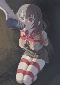 1girl absurdres arms_behind_back bdsm bondage bound bound_ankles bound_arms bound_legs bound_thighs breasts cailin020 drinking heart heart-shaped_pupils highres long_hair red_rope restrained rope school_uniform shibari shibari_over_clothes suou_yuki symbol-shaped_pupils tokidoki_bosotto_roshia-go_de_dereru_tonari_no_alya-san