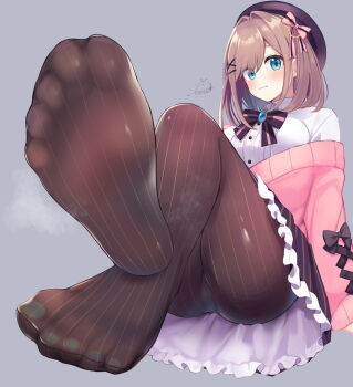 1girl blue_eyes blush bow breasts brown_hair cardigan commentary_request feet festa11307070 foot_focus frills grey_background hair_ornament hat large_breasts looking_at_viewer nijisanji no_shoes paid_reward_available pantyhose shirt signature simple_background sitting skirt soles solo striped_clothes striped_pantyhose striped_skirt suzuhara_lulu toes variant_set vertical-striped_clothes vertical-striped_pantyhose virtual_youtuber white_shirt x_hair_ornament