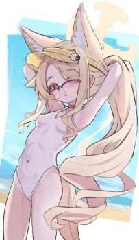above-cleavage_cutout animal_ear_fluff animal_ears armpits arms_up beach bird_pin blonde_hair blue_archive blue_sky blush breasts clothing_cutout cloud commentary covered_navel cropped_legs cross_halo day diamond_cutout english_commentary forehead fox_ears fox_girl groin halo highleg highleg_one-piece_swimsuit highres long_hair long_sidelocks looking_at_viewer ocean one-piece_swimsuit open_mouth orange-tinted_eyewear outdoors parted_bangs red_eyes ren_ruisou sand seia_(blue_archive) seia_(swimsuit)_(blue_archive) shore sidelocks sky small_breasts sunglasses swimsuit tinted_eyewear very_long_sidelocks visor_cap water white_one-piece_swimsuit yellow_halo yellow_visor