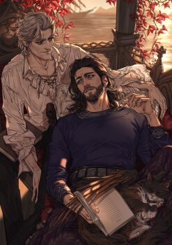 2boys absurdres animal animal_on_lap astarion balcony baldur's_gate baldur's_gate_3 beard belt bite_mark bite_mark_on_neck book book_on_lap brown_eyes brown_hair brushing_hands cat cat_on_lap chair collar colored_veins couch cross-laced_clothes cross-laced_top curled_up curly_hair dungeons_&amp;_dragons dungeons_&amp;_dragons dusk earrings embroidery facial_hair familiar feathered_wings folded_wings frilled_shirt frilled_shirt_collar frills full_beard gale_(baldur's_gate) hand_up head_on_another's_stomach head_on_pillow highres holding holding_book jewelry laces long_sleeves looking_at_another looking_down looking_up lying male_focus mature_male medium_hair metal_belt multiple_boys nyeigneous on_chair on_couch on_lap open_book partially_unbuttoned pectoral_cleavage pectorals pillow plant poet_shirt pointy_ears puffy_long_sleeves puffy_sleeves purple_collar purple_tunic reclining red_eyes scar scar_on_neck shirt short_hair silver_earrings single_earring sleeping sleeping_animal sleeping_on_person sleeves_rolled_up smirk star_(symbol) star_earrings tunic vampire vines wavy_hair white_hair white_shirt winged_animal wings yaoi