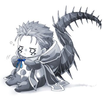 1boy blue_ribbon chibi chibi_only closed_eyes closed_mouth cu_chulainn_(fate) cu_chulainn_alter_(fate) earrings facial_mark fate/grand_order fate_(series) full_body hood hood_down jewelry male_focus ribbon short_hair simple_background sitting solo squeans tail white_background yukinaga_(asuten)
