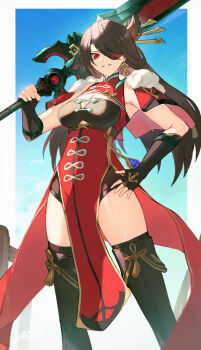1girl absurdres beidou_(genshin_impact) breasts brown_hair cleavage dress earrings eyepatch f.sakuma fingerless_gloves genshin_impact gloves hair_ornament highres jewelry long_hair looking_at_viewer red_eyes smile solo thighhighs